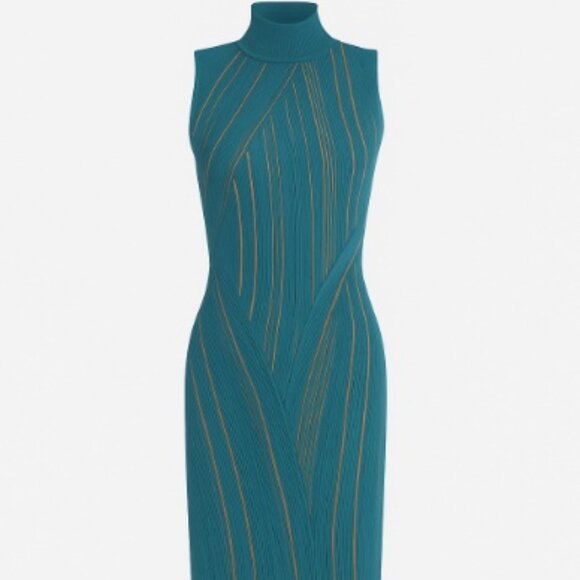 Hervé Léger Paris Bandage Maxi Dress Tidal Wave Blue Gold Ribbed LARGE Mock Neck - Picture 1 of 16
